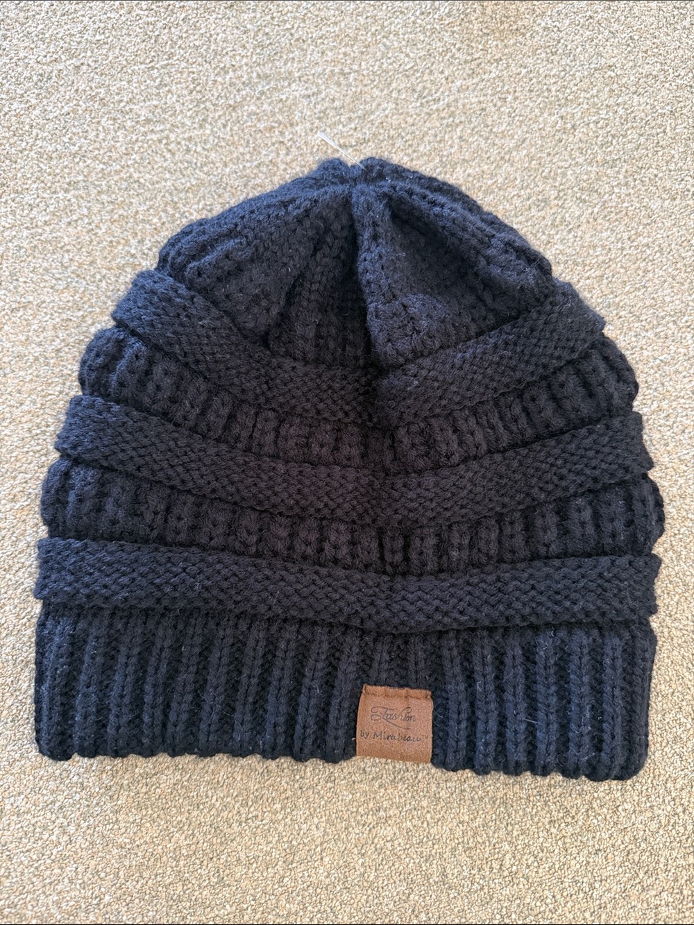 Fashion by Merabeau Black Knit Cable Beanie with Leather Logo Patch unisex